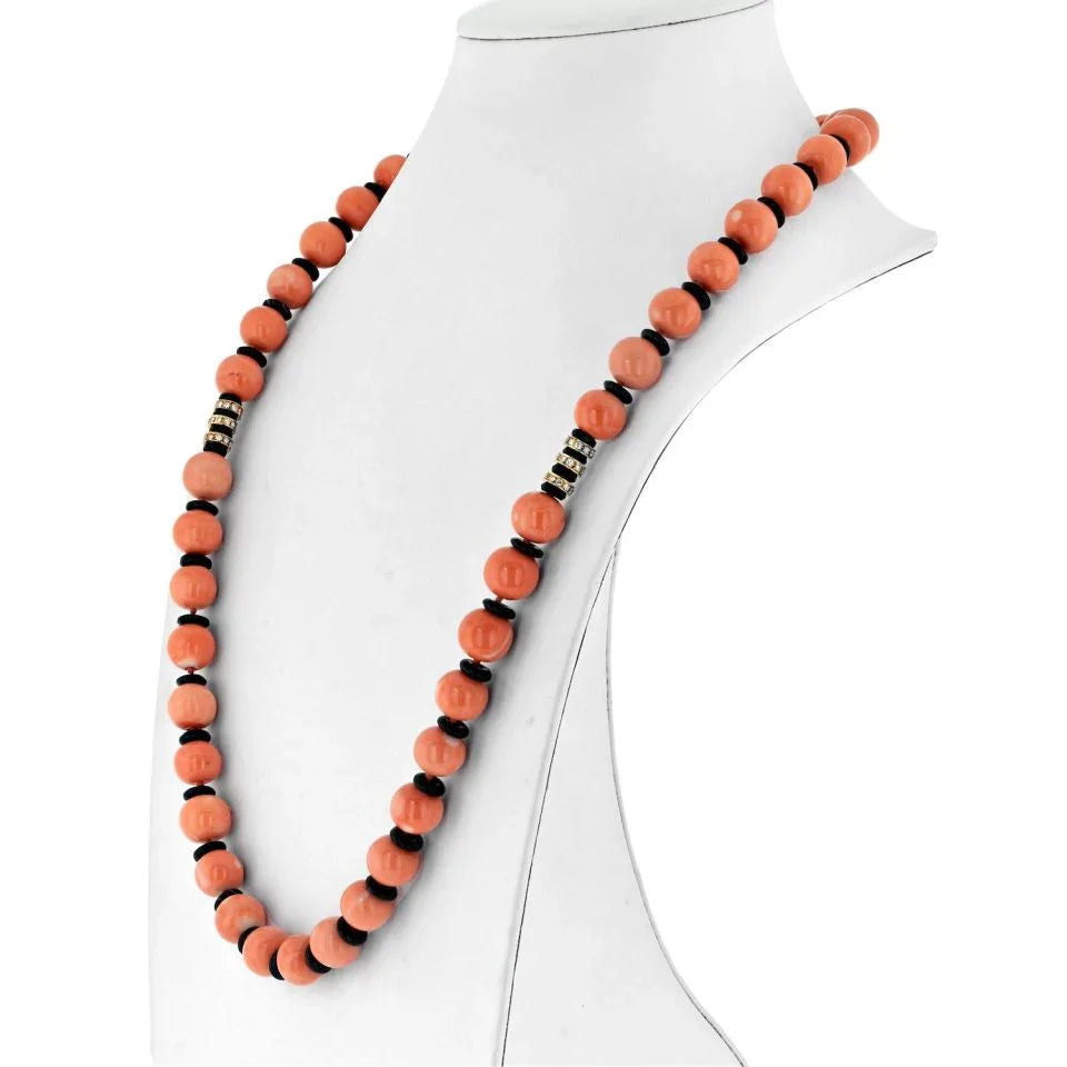 Bvlgari 18K Yellow Gold Coral, Diamond, Black Enamel Necklace - The Back Vault