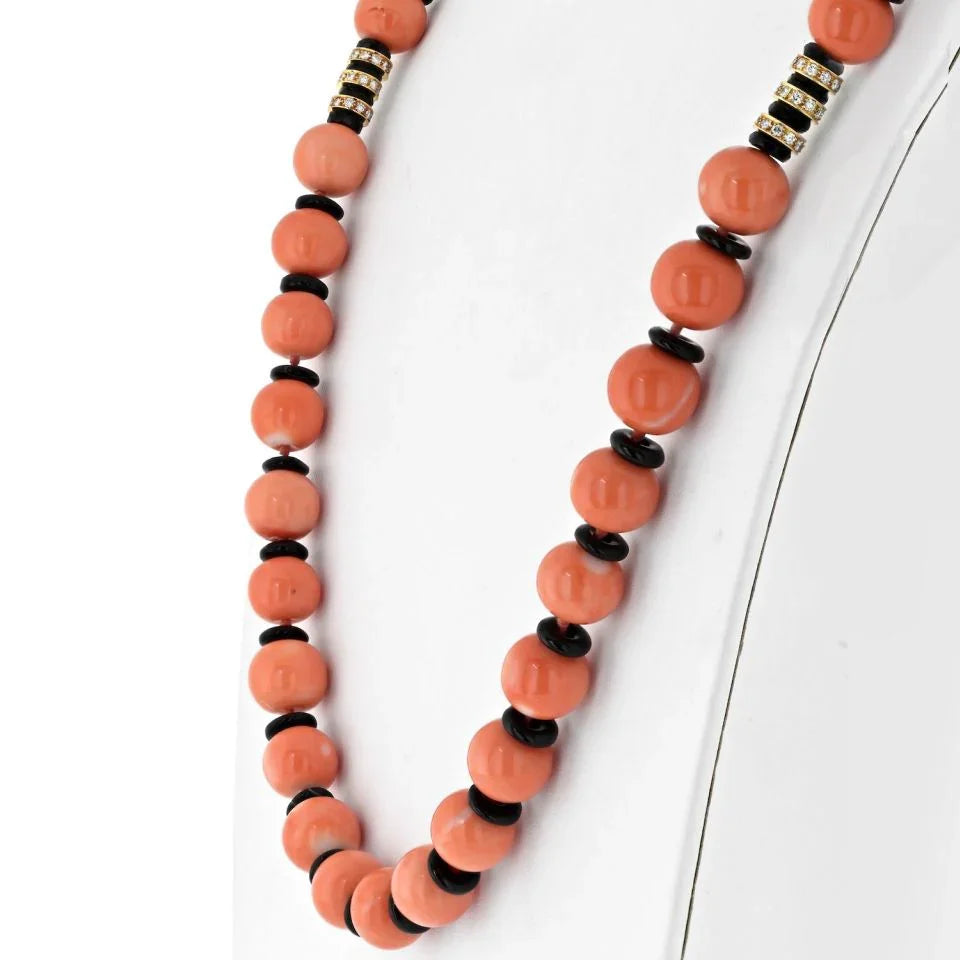 Bvlgari 18K Yellow Gold Coral, Diamond, Black Enamel Necklace - The Back Vault