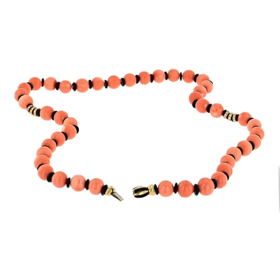 Bvlgari 18K Yellow Gold Coral, Diamond, Black Enamel Necklace - The Back Vault