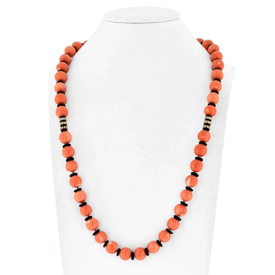 Bvlgari 18K Yellow Gold Coral, Diamond, Black Enamel Necklace - The Back Vault