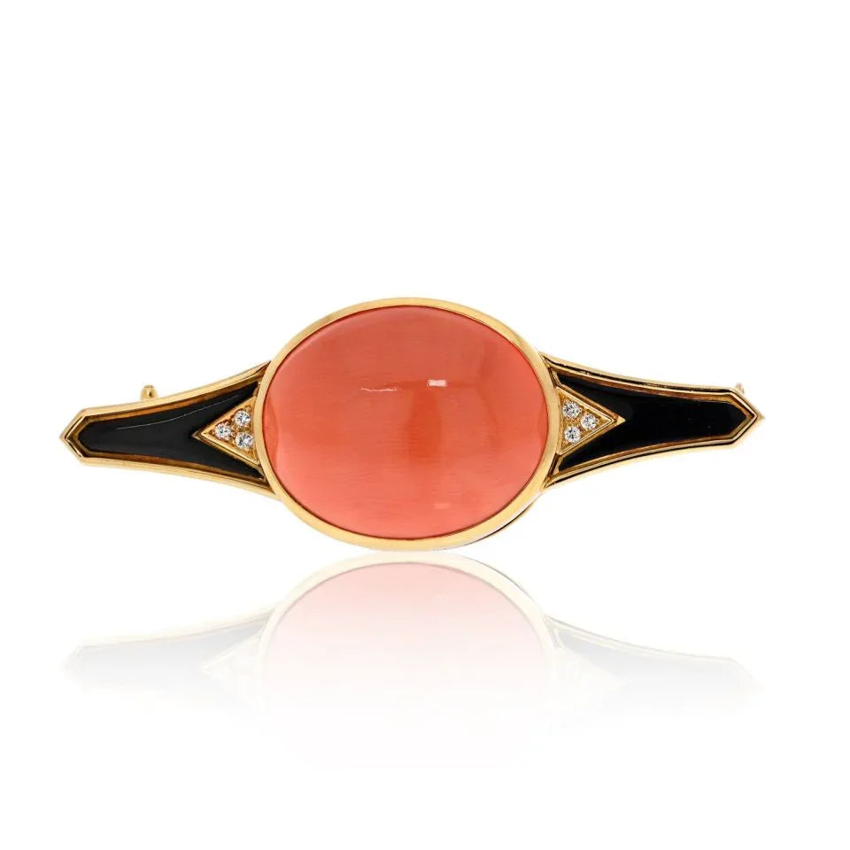 Bvlgari 18K Yellow Gold Coral, Black Enamel And Diamond Brooch - The Back Vault