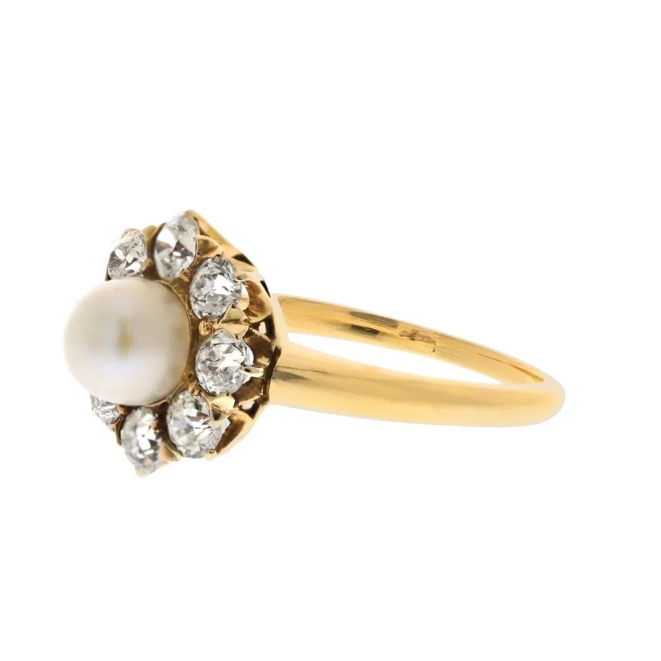 14K Yellow Gold 0.80cttw Old Cut Diamond And Pearl Floral Style Ring - The Back Vault