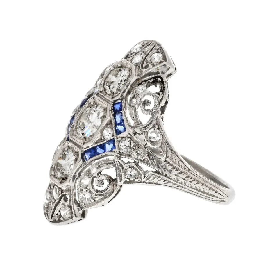 Platinum 1.00cttw Diamond And Sapphire Deco Ring - The Back Vault