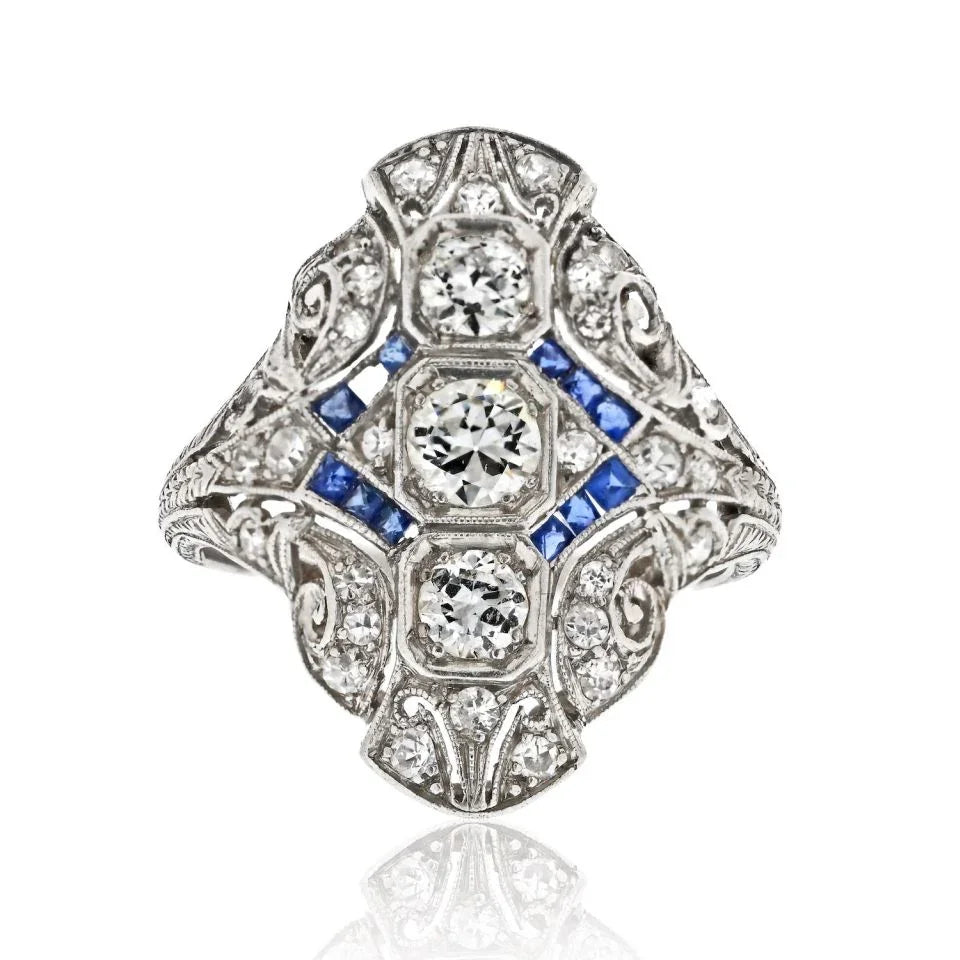 Platinum 1.00cttw Diamond And Sapphire Deco Ring - The Back Vault