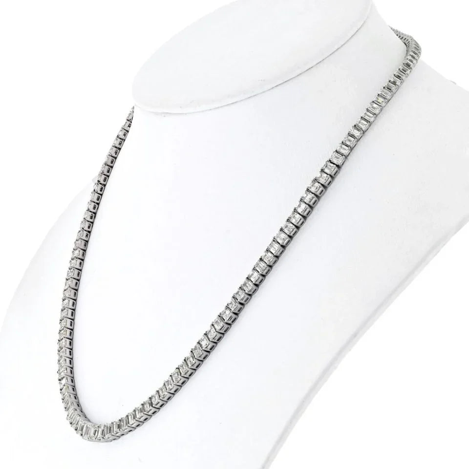 18K White Gold 26.00cttw Emerald Cut Diamond Tennis Necklace - The Back Vault