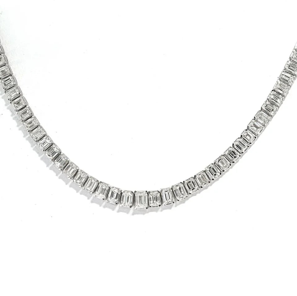 18K White Gold 26.00cttw Emerald Cut Diamond Tennis Necklace - The Back Vault