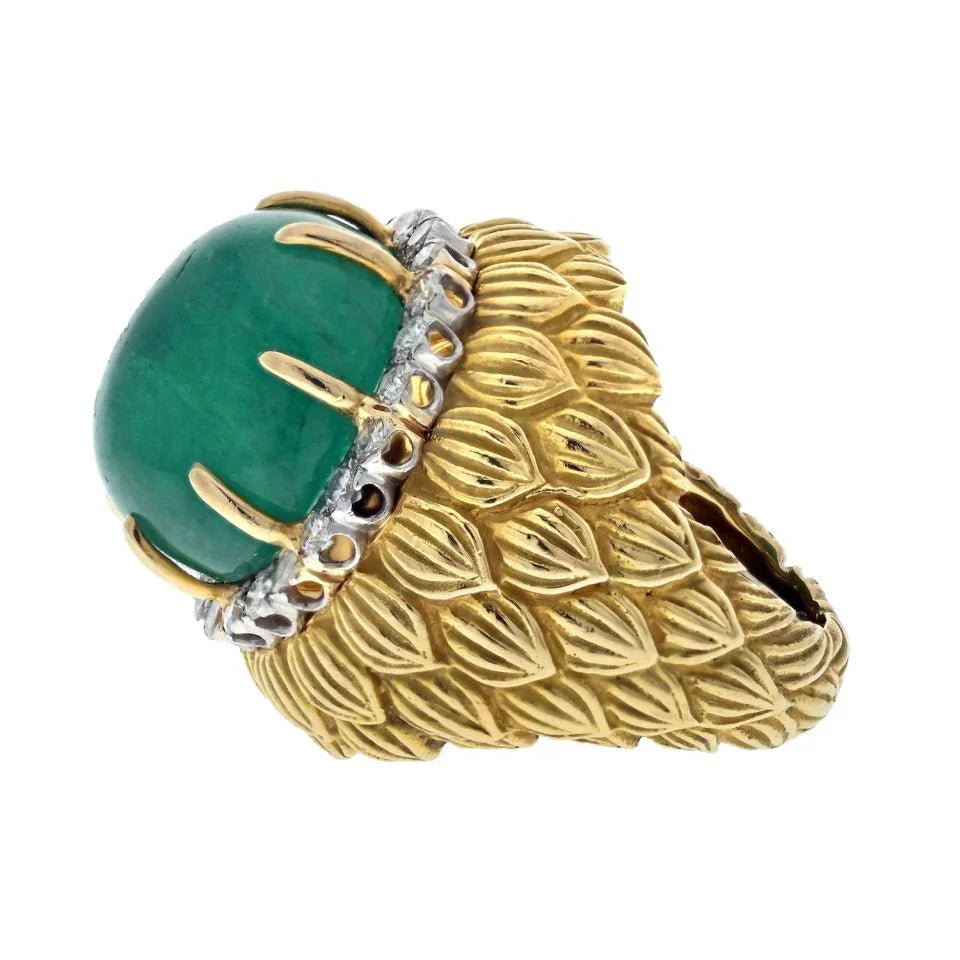 David Webb Platinum & 18K Yellow Gold Cabochon Green Emerald And Diamond Textured Ring - The Back Vault