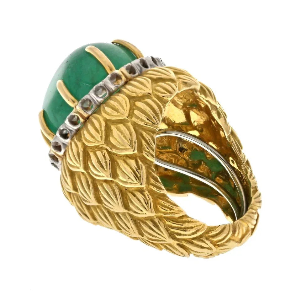 David Webb Platinum & 18K Yellow Gold Cabochon Green Emerald And Diamond Textured Ring - The Back Vault