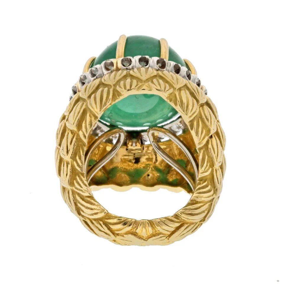 David Webb Platinum & 18K Yellow Gold Cabochon Green Emerald And Diamond Textured Ring - The Back Vault