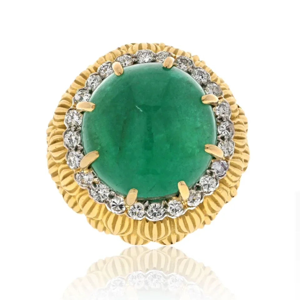 David Webb Platinum & 18K Yellow Gold Cabochon Green Emerald And Diamond Textured Ring - The Back Vault