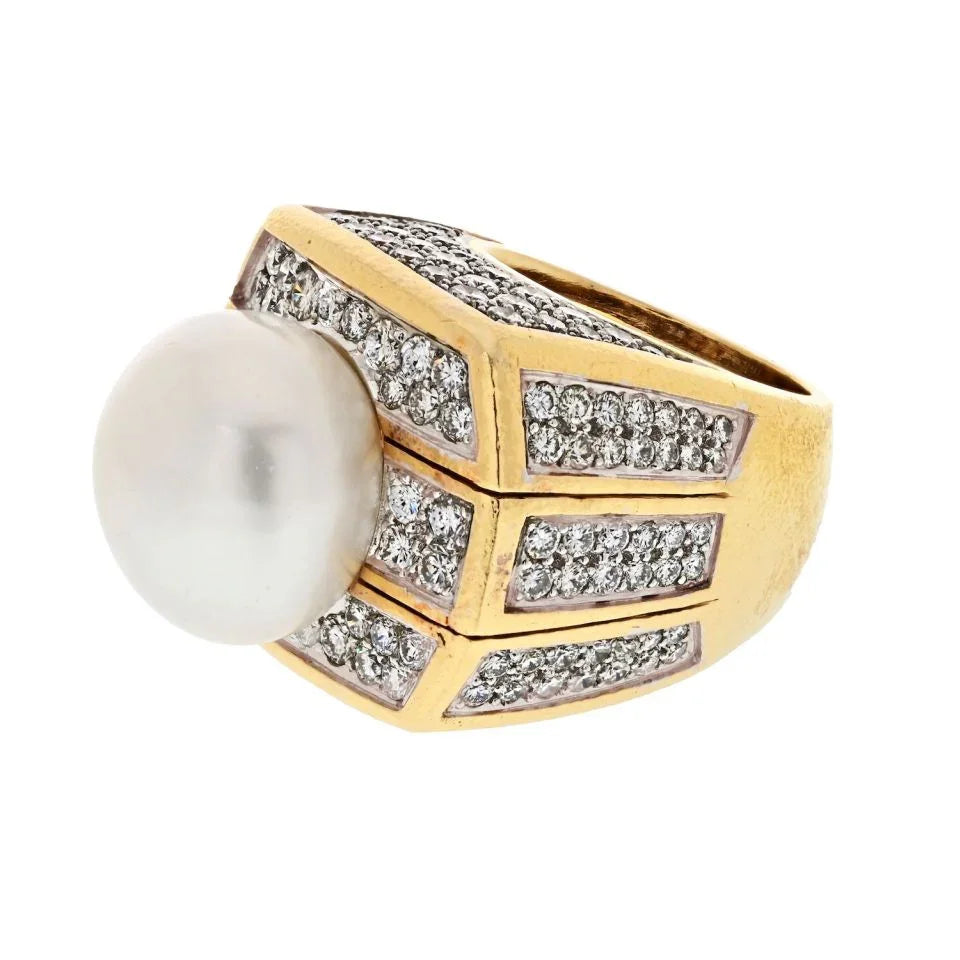 David Webb Platinum & 18K Yellow Gold Pearl And 9.00cttw Diamond Ring - The Back Vault