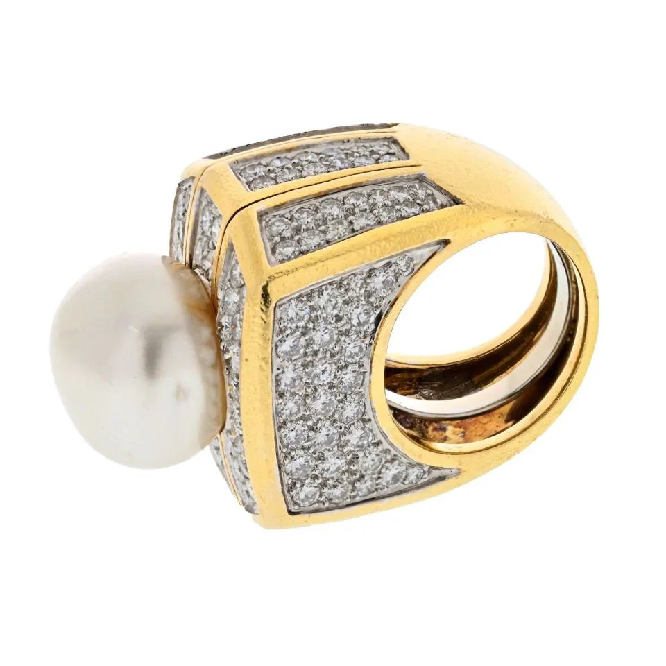 David Webb Platinum & 18K Yellow Gold Pearl And 9.00cttw Diamond Ring - The Back Vault