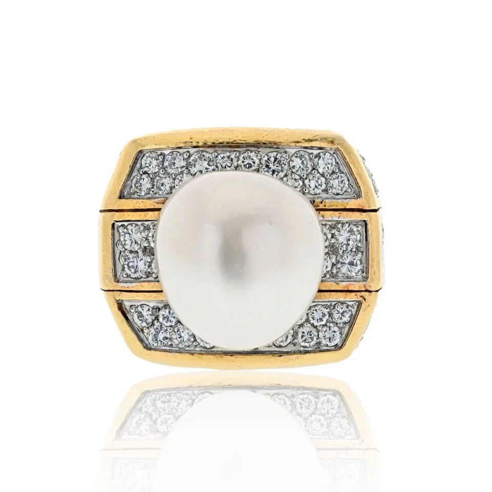 David Webb Platinum & 18K Yellow Gold Pearl And 9.00cttw Diamond Ring - The Back Vault