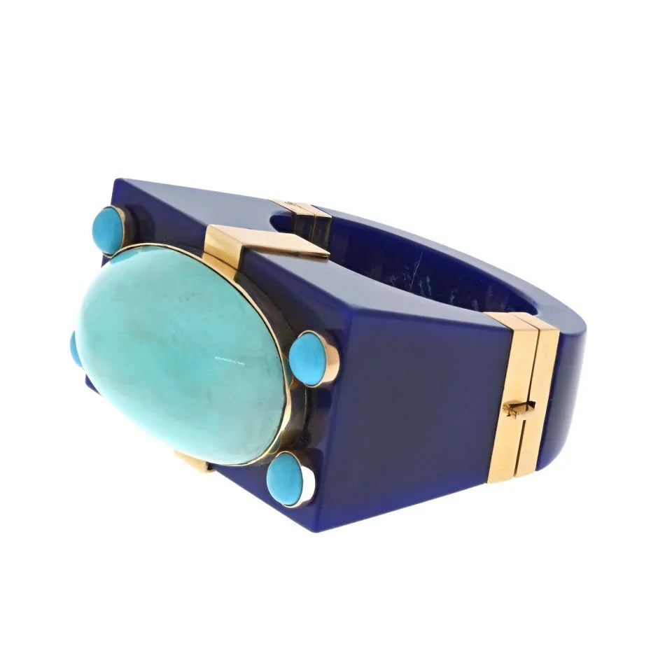 Seaman Schepps 14K Yellow Gold Turquoise Bakelite Cuff Bracelet - The Back Vault