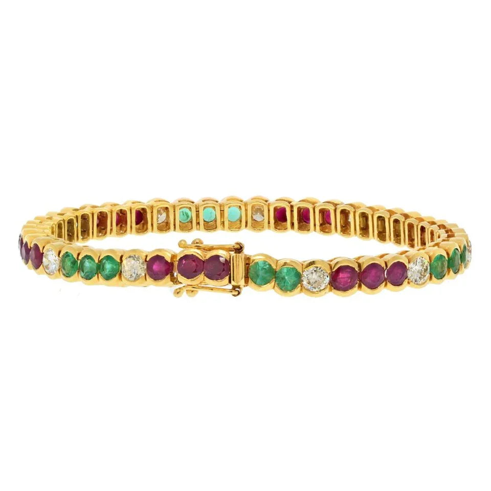 18K Yellow Gold Diamond, Emerald, Ruby Bezel Set Tennis Bracelet - The Back Vault