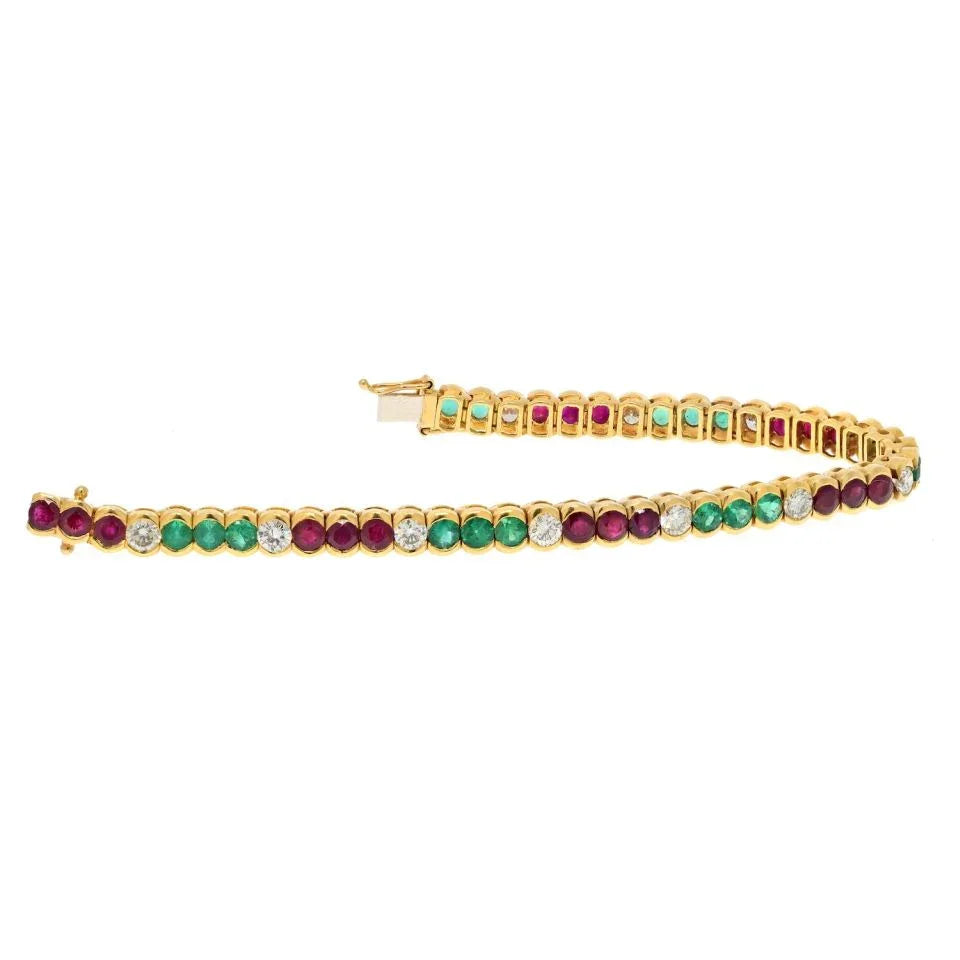 18K Yellow Gold Diamond, Emerald, Ruby Bezel Set Tennis Bracelet - The Back Vault