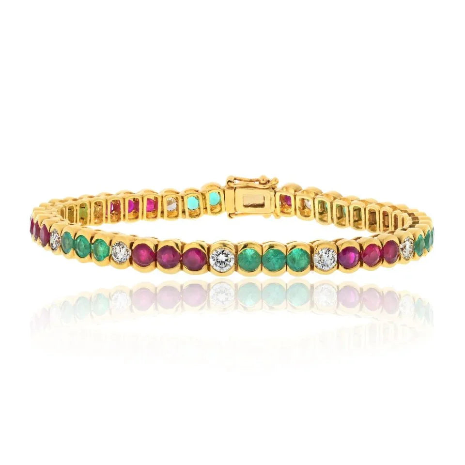 18K Yellow Gold Diamond, Emerald, Ruby Bezel Set Tennis Bracelet - The Back Vault