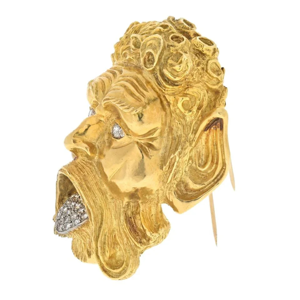 David Webb Platinum & 18K Yellow Gold Satyr Diamond Face Brooch - The Back Vault
