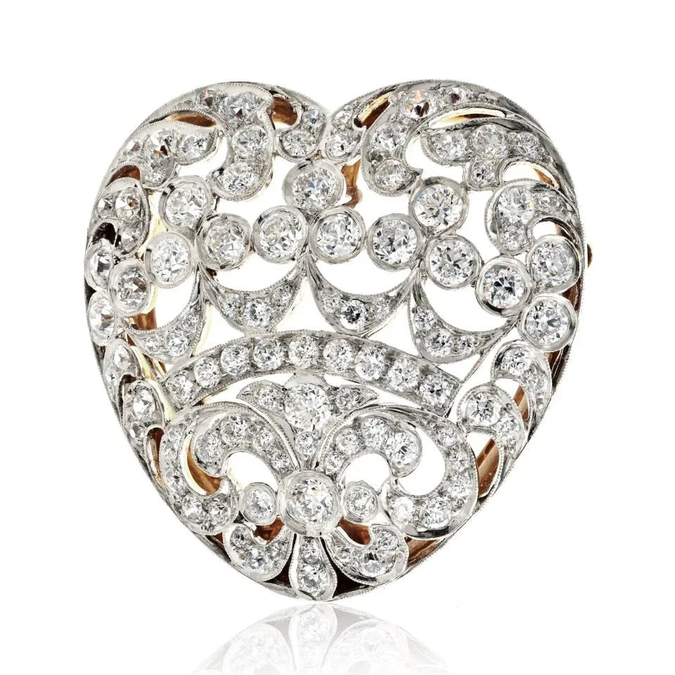 Platinum & 18K Yellow Gold 5.00cttw Victorian Diamond Heart Brooch - The Back Vault