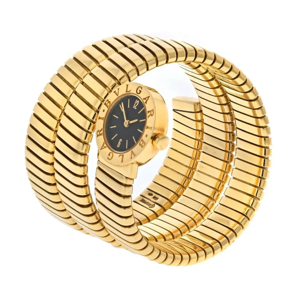 Bvlgari Tubogas 18K Yellow Gold BB 19 1T All Gold Serpenti Black Dial Women Watch - The Back Vault