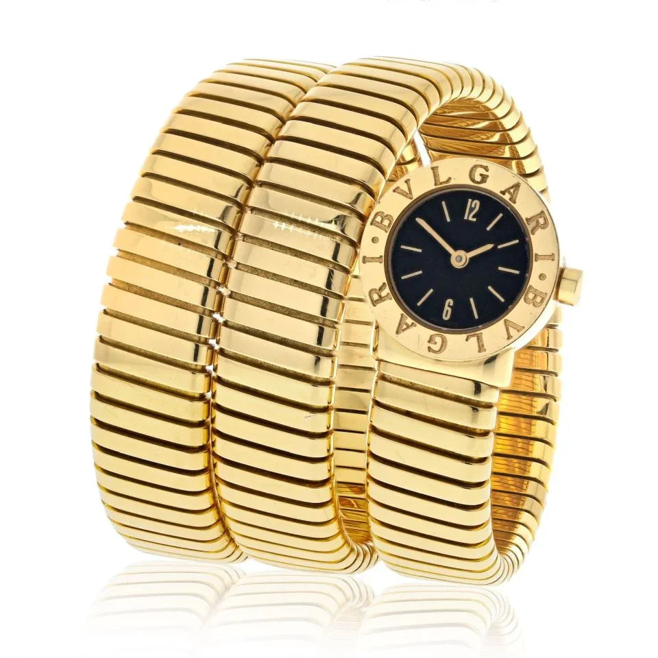 Bvlgari Tubogas 18K Yellow Gold BB 19 1T All Gold Serpenti Black Dial Women Watch - The Back Vault