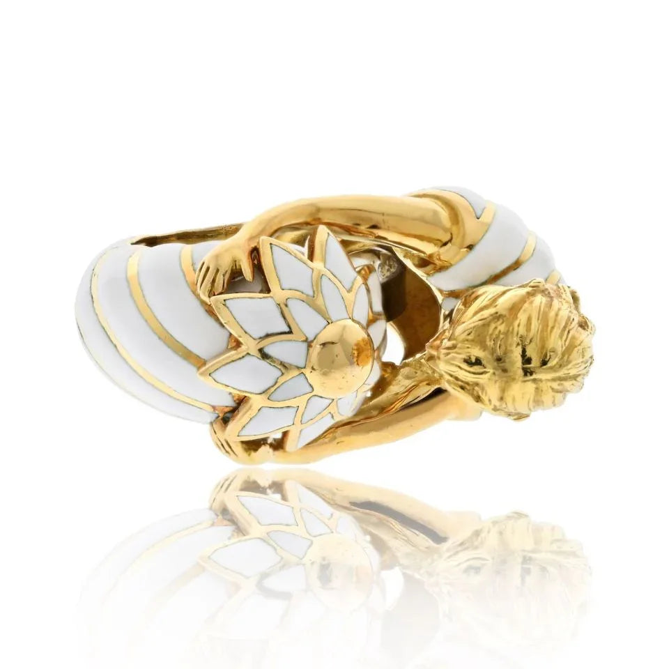 David Webb Platinum & 18K Yellow Gold Virgo Male Figure White Enamel Ring - The Back Vault