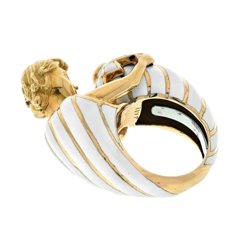 David Webb Platinum & 18K Yellow Gold Virgo Male Figure White Enamel Ring - The Back Vault