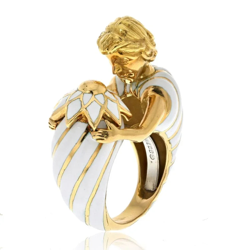 David Webb Platinum & 18K Yellow Gold Virgo Male Figure White Enamel Ring - The Back Vault