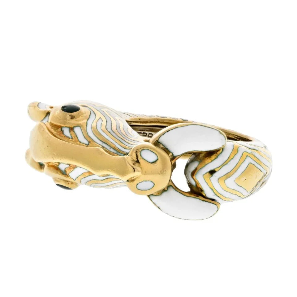 David Webb Platinum & 18K Yellow Gold Zebra White Enamel Animal Ring - The Back Vault