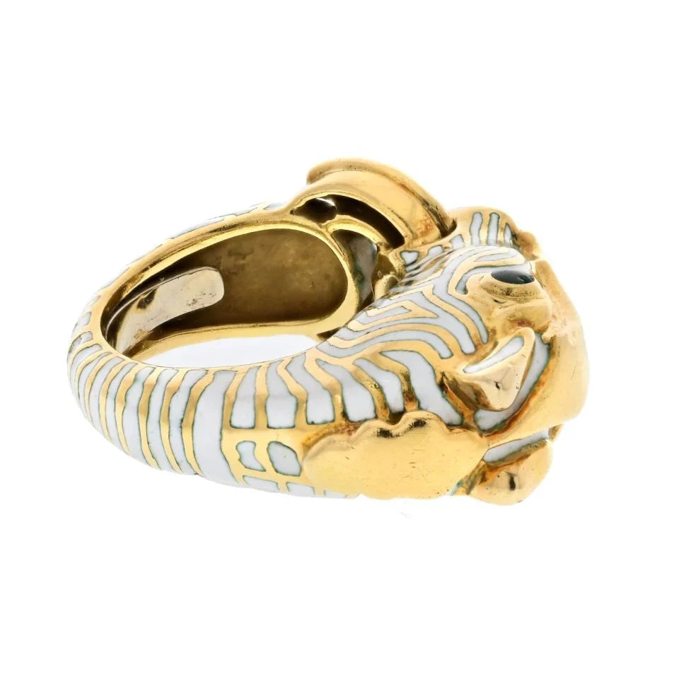 David Webb Platinum & 18K Yellow Gold Zebra White Enamel Animal Ring - The Back Vault