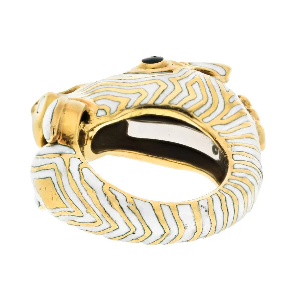 David Webb Platinum & 18K Yellow Gold Zebra White Enamel Animal Ring - The Back Vault