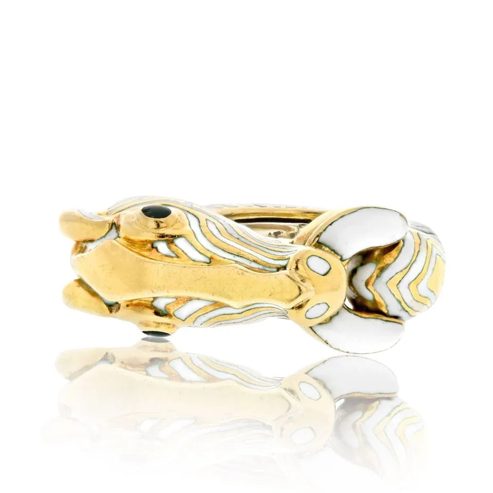 David Webb Platinum & 18K Yellow Gold Zebra White Enamel Animal Ring - The Back Vault