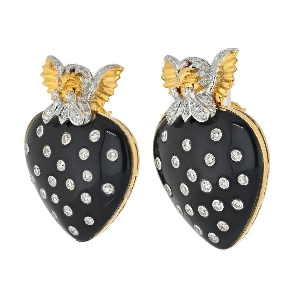 David Webb 18K Yellow Gold Cupid Black Enamel Diamond Studed Heart Clip Earrings - The Back Vault
