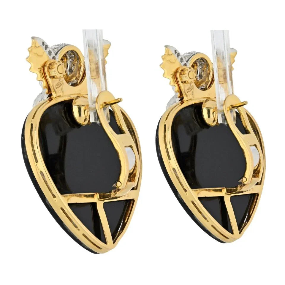 David Webb 18K Yellow Gold Cupid Black Enamel Diamond Studed Heart Clip Earrings - The Back Vault