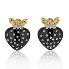 David Webb 18K Yellow Gold Cupid Black Enamel Diamond Studed Heart Clip Earrings - The Back Vault