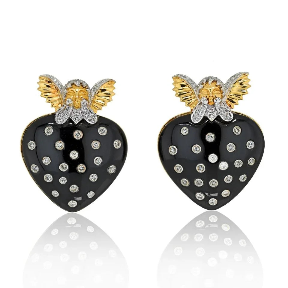 David Webb 18K Yellow Gold Cupid Black Enamel Diamond Studed Heart Clip Earrings - The Back Vault
