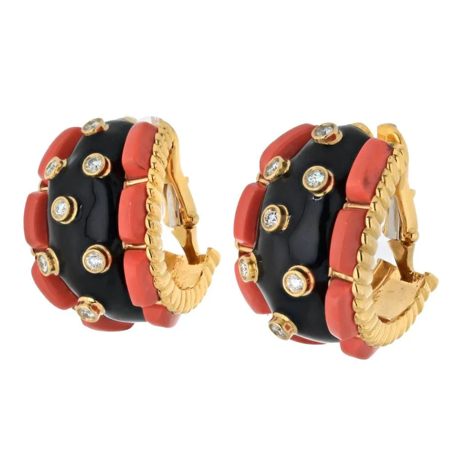 David Webb Platinum & 18K Yellow Gold Coral, Diamond And Black Enamel Earrings - The Back Vault