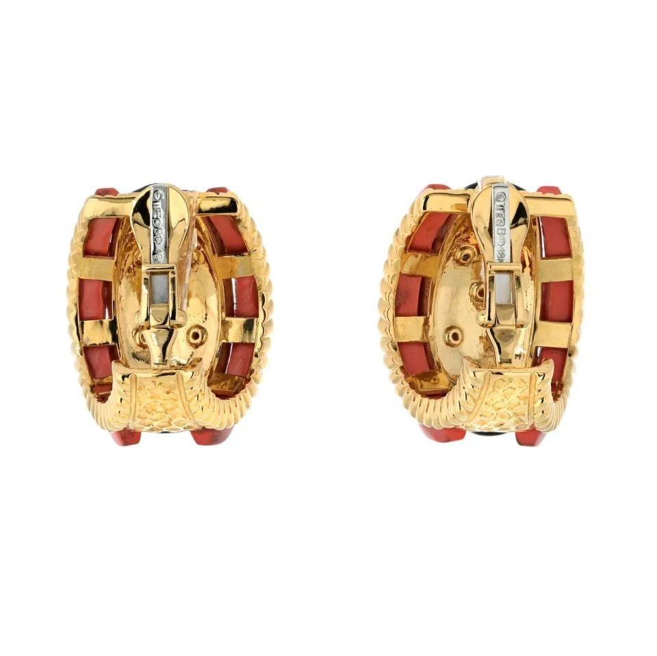 David Webb Platinum & 18K Yellow Gold Coral, Diamond And Black Enamel Earrings - The Back Vault