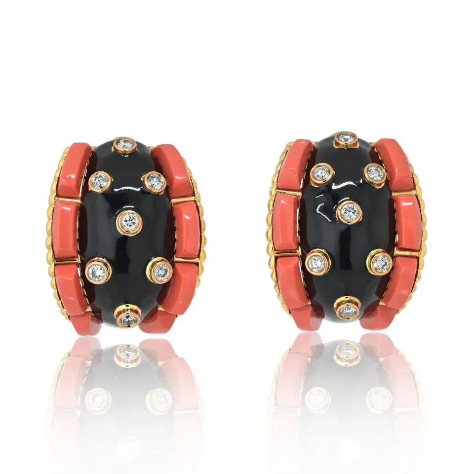 David Webb Platinum & 18K Yellow Gold Coral, Diamond And Black Enamel Earrings - The Back Vault