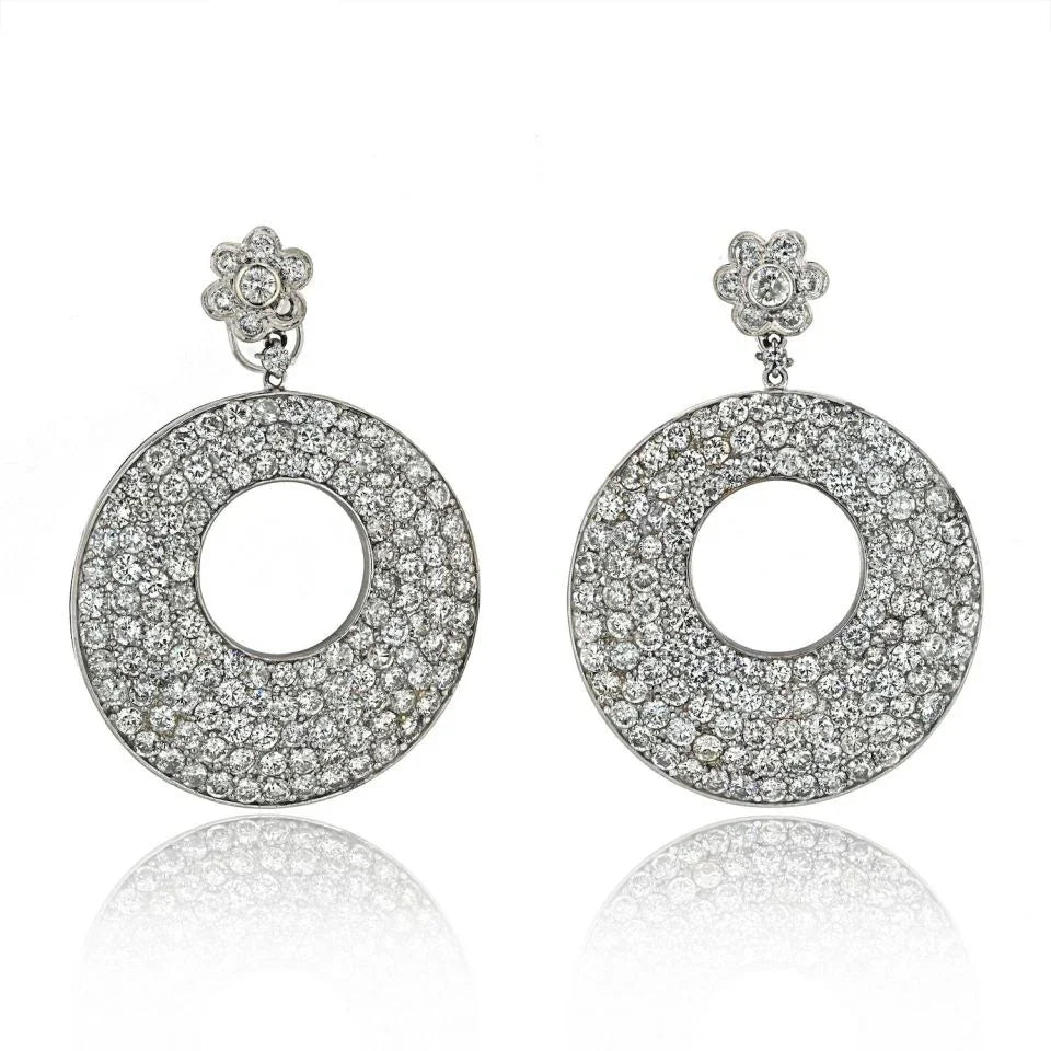 18K White Gold 20 Carat Diamond Disc Style Drop Pave Earrings - The Back Vault
