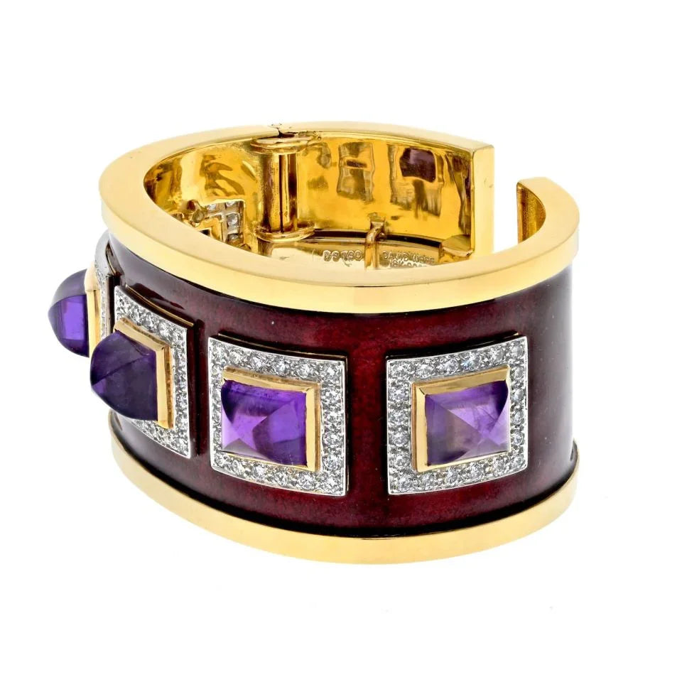 David Webb Platinum & 18K Yellow Gold Bastille Sugarloaf Amethyst Red Enamel Diamond Cuff Bracelet - The Back Vault