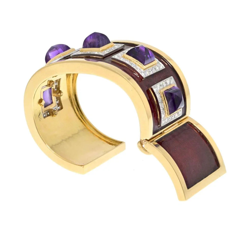 David Webb Platinum & 18K Yellow Gold Bastille Sugarloaf Amethyst Red Enamel Diamond Cuff Bracelet - The Back Vault