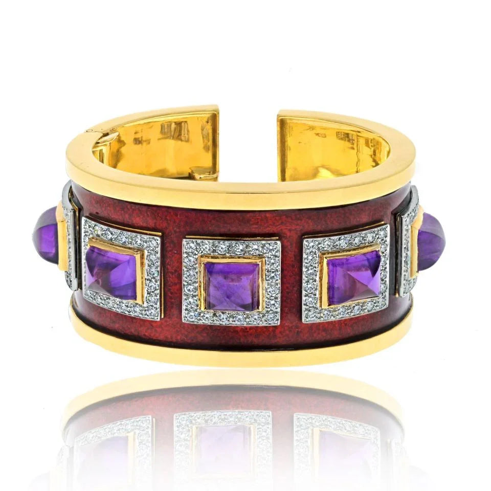David Webb Platinum & 18K Yellow Gold Bastille Sugarloaf Amethyst Red Enamel Diamond Cuff Bracelet - The Back Vault