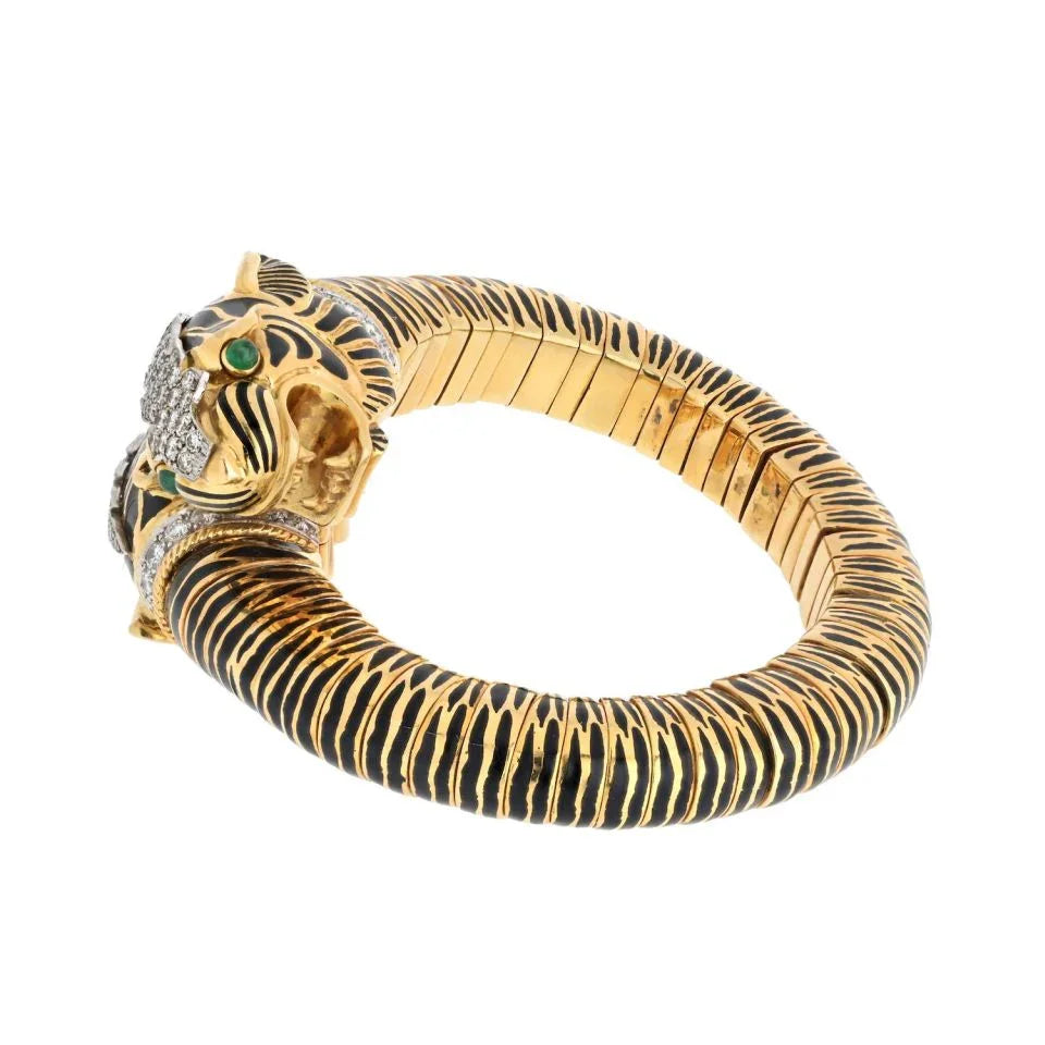 David Webb Platinum & 18K Yellow Gold Double Head Tiger Black Enamel Bracelet - The Back Vault