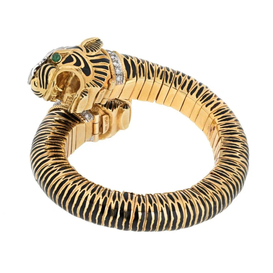 David Webb Platinum & 18K Yellow Gold Double Head Tiger Black Enamel Bracelet - The Back Vault