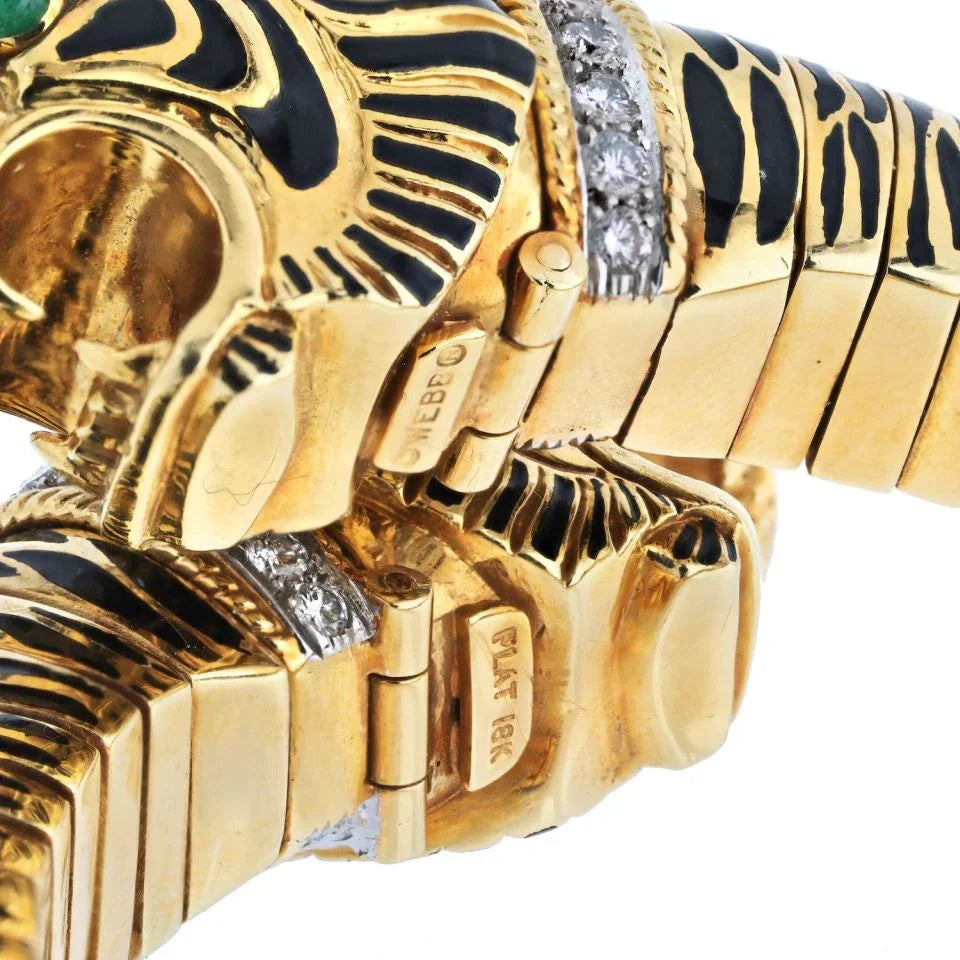 David Webb Platinum & 18K Yellow Gold Double Head Tiger Black Enamel Bracelet - The Back Vault