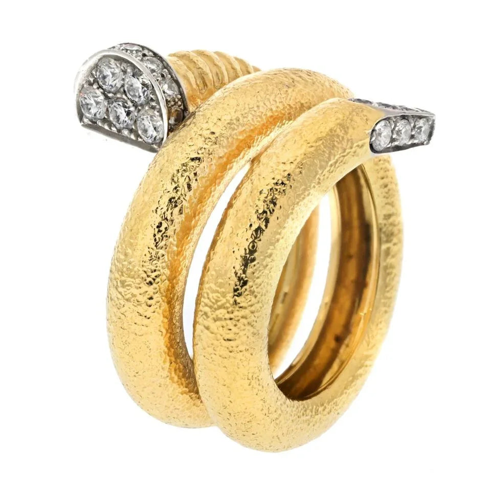 David Webb Platinum & 18K Yellow Gold Hammered Nail Diamond Ring - The Back Vault