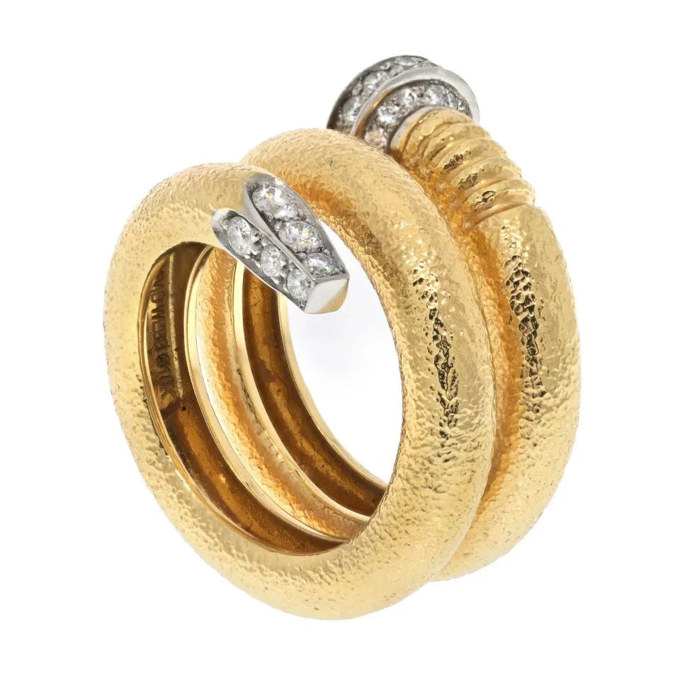 David Webb Platinum & 18K Yellow Gold Hammered Nail Diamond Ring - The Back Vault