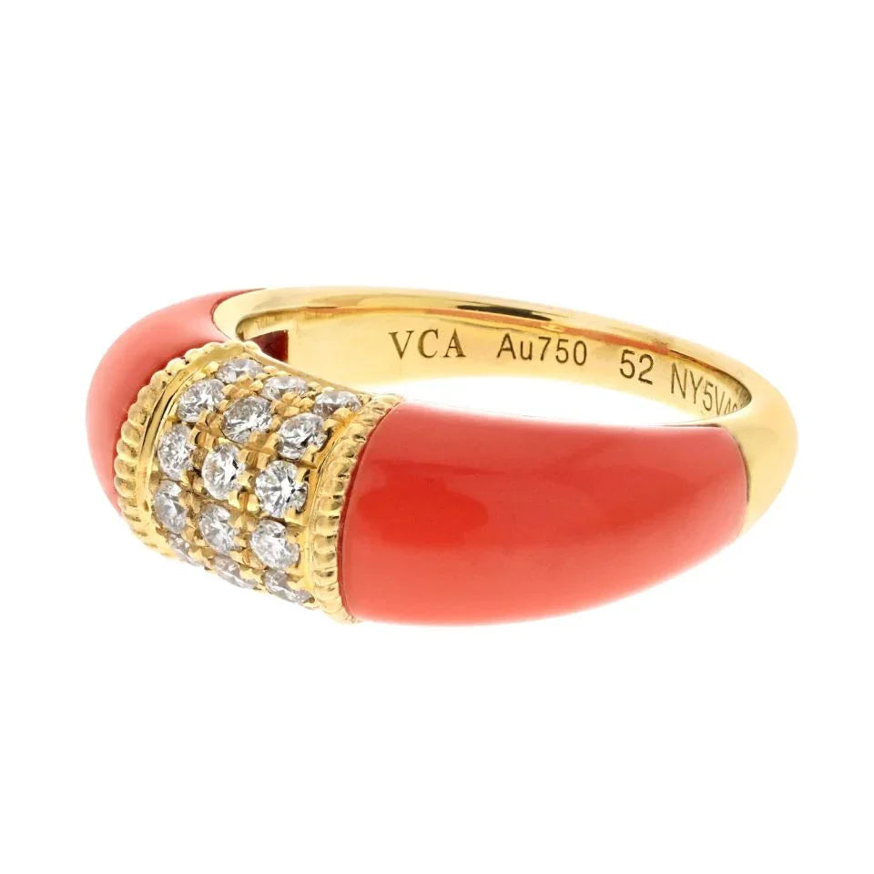 Van Cleef & Arpels 18K Yellow Gold Coral Diamond Ring - The Back Vault