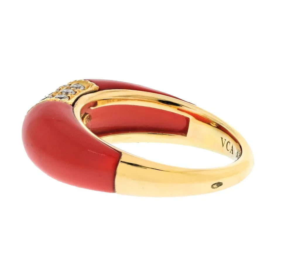 Van Cleef & Arpels 18K Yellow Gold Coral Diamond Ring - The Back Vault